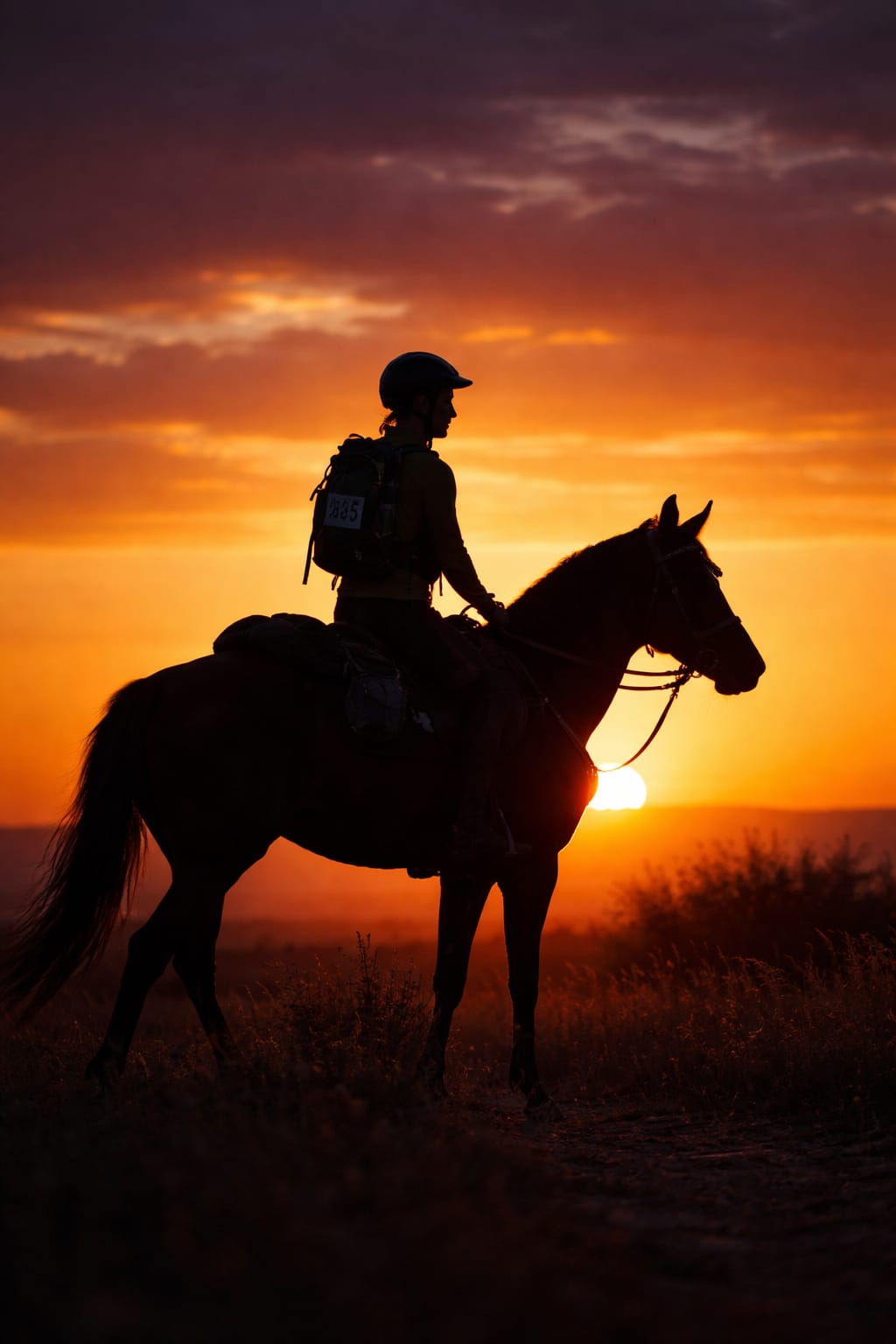 Endurance rider silhouetted at sunset